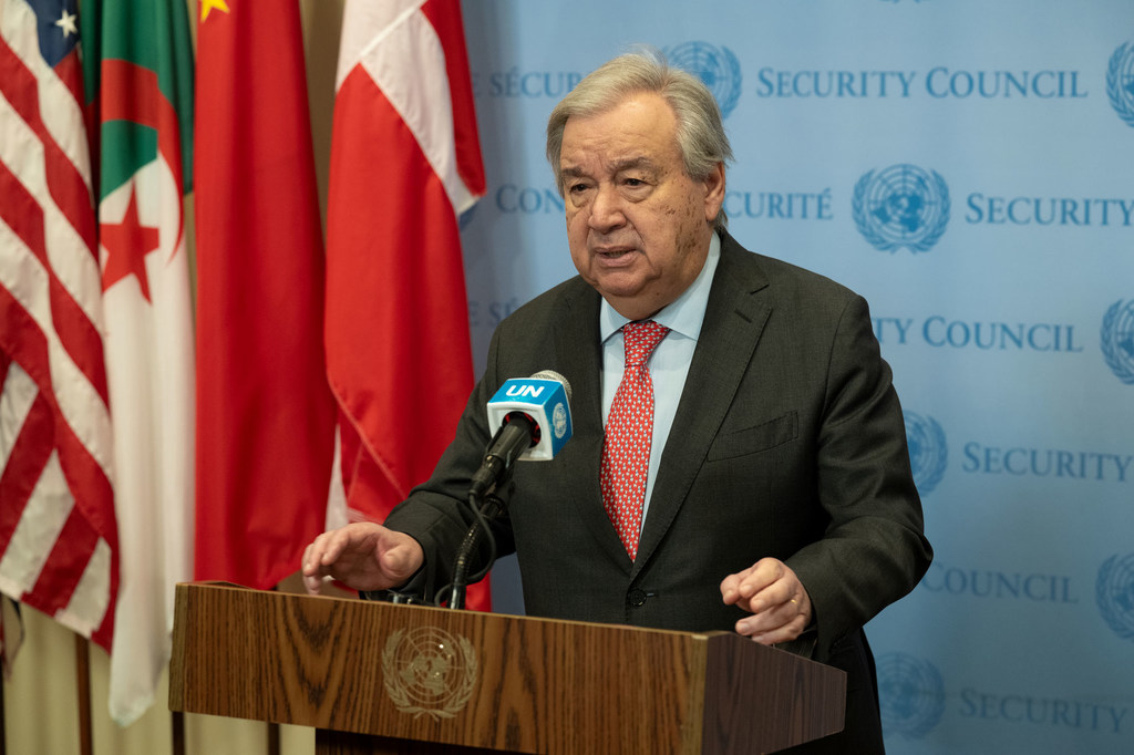 El Secretario General, António Guterres, durante una comparecencia de prensa.